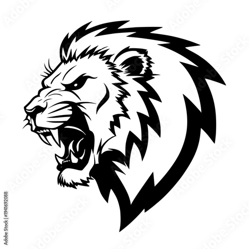 Fierce lion head with open mouth and sharp teeth in aggressive pose