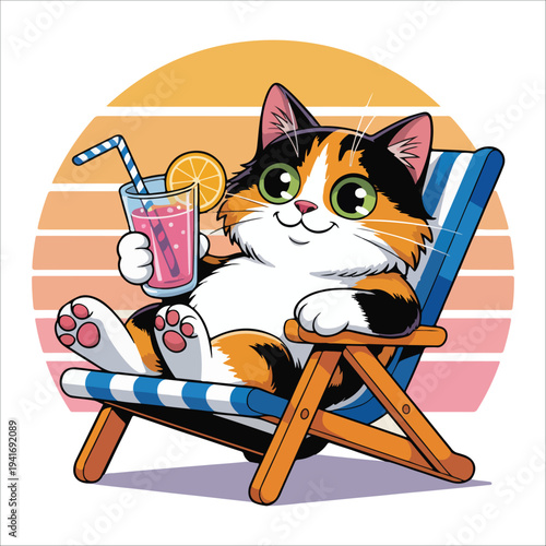 Cute cartoon cat relaxing on deck chair with pink smoothie summer beach vibe t-shirt design