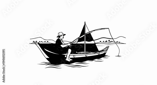 Man fishes from a sailboat on the water with a tropical island in the background