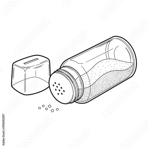 Salt shaker illustration with spilled salt grains on white background