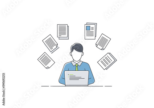 Efficient Man Working on Laptop Surrounded by Flying Documents in a Clean Workspace Modern Office Illustration Depicting Productivity and Focus
