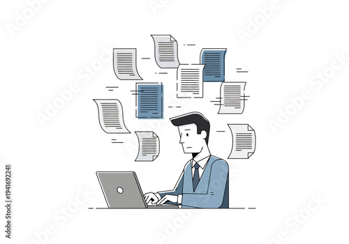 Cartoon Illustration Man Working at Laptop Surrounded by Documents Flying in the Air Depicting Overload Stress and Deadline Pressure