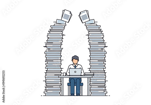 Man working at desk surrounded by towering stacks of documents and papers symbolizing workload and bureaucracy