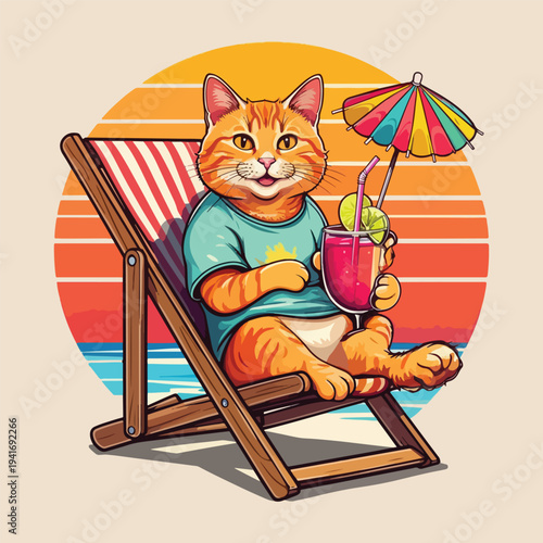 Cute orange cat relaxing on deck chair with cocktail and beach umbrella at sunset beach t-shirt design
