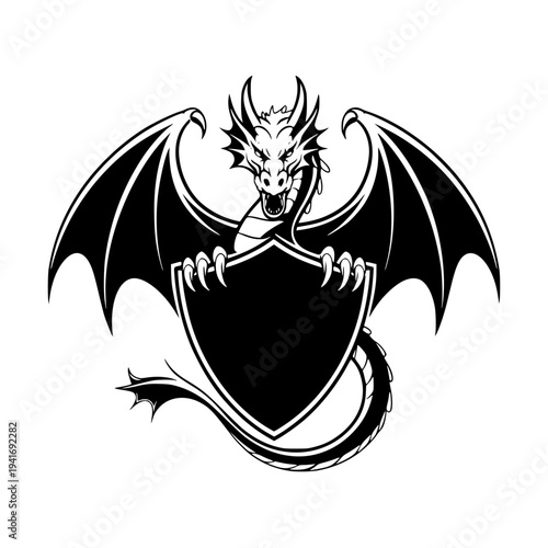 Stunning dragon shield logo emblem with wings and fierce expression