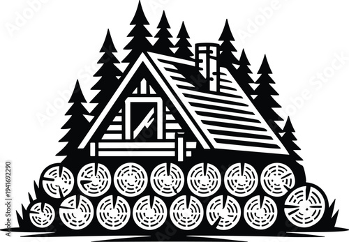 Rustic log cabin in forest, wooden house silhouette, pine tree landscape illustration, wilderness lodge icon, nature camping retreat vector design
