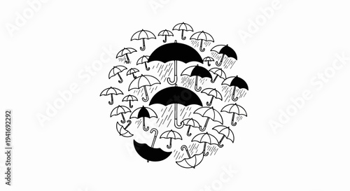 Many black and white umbrellas open, raining