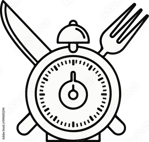 Outline alarm clock with fork and knife, symbolizing mealtime
