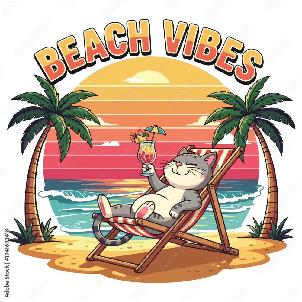 Obraz premium Cute Sloth Beach Relaxation Summer Vibes T-Shirt Design Tropical Sunset