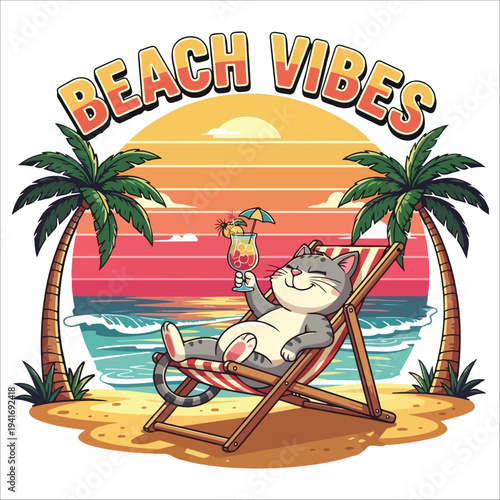 Cute Sloth Beach Relaxation Summer Vibes T-Shirt Design Tropical Sunset