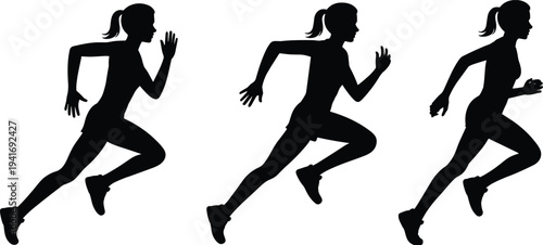 Female runner silhouettes collection, woman athlete sprinting in different running poses, fitness training and marathon sport activity concept isolated on light background