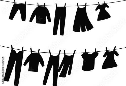 Clothes hanging on clothesline silhouette set, laundry drying garments illustration, household washing concept, apparel items on line isolated on light background vector style