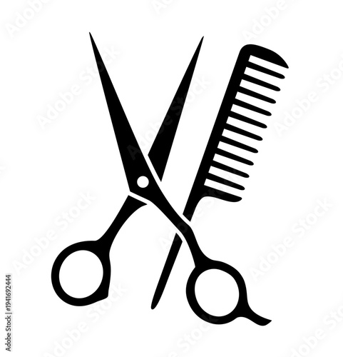 Crossed hairdresser scissors and comb, hair salon logo icon