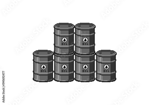 This pixel art image shows a small stack of six cylindrical, grey metal barrels, each labeled with a small droplet icon and the word "OIL," arranged in a triangular, stepped pattern.