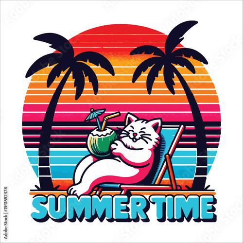 Cartoon Cat Relaxing on Beach Chair with Tropical Sunset Summer Vibes Illustration t-shirt design