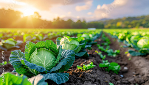 Cabbage Field at Sunset with Green Leaves