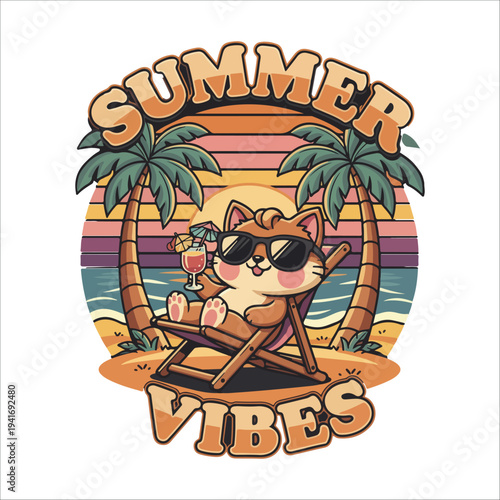 Cartoon Cat Summer Vibes Tropical Beach Relaxation Retro T-Shirt Design