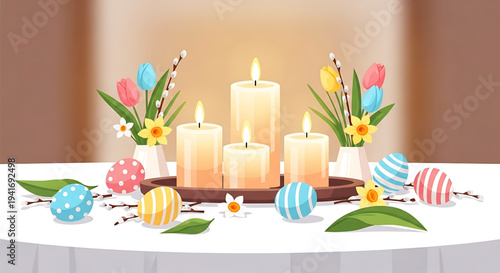 A festive Easter table adorned with glowing candles, colorful painted eggs, and fresh spring flowers like tulips and daffodils, creating a warm and inviting holiday atmosphere