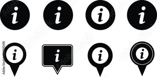 Set of black information icons in circular and pin shapes on a white background symbol sign