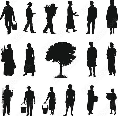 People silhouette collection with men and women walking, carrying buckets, baskets and tools, rural lifestyle characters and tree element isolated on light background illustration