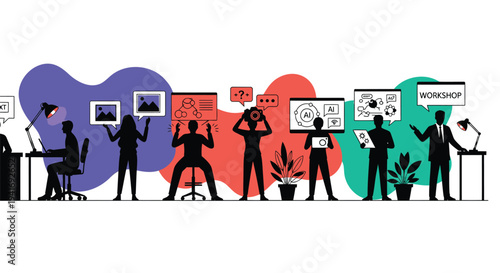 Set of office workers vector illustrations in colorful background