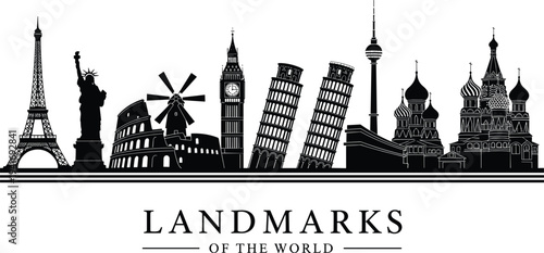 Silhouette of famous world landmarks with text LANDMARKSOFTHEWORLD architecture Eiffel Tower