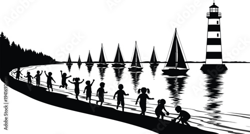 Silhouette of children running towards a lighthouse with sailboats on the water vector illustration