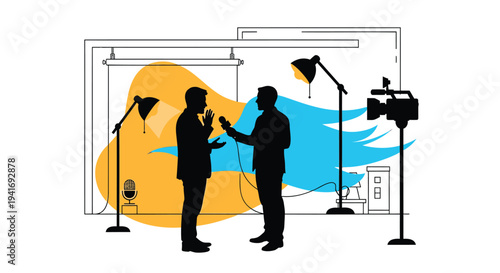 Vector illustration of two men in a TV studio with lamps and camera