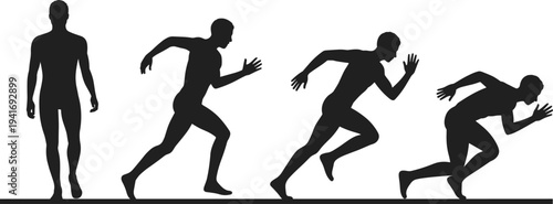 Runner sprint start sequence silhouette set, athlete running motion stages from standing to sprinting, track and field training concept isolated on light background