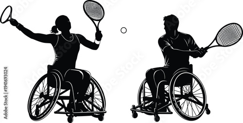 Silhouette of male and female wheelchair tennis players in action with a tennis ball sport athlete