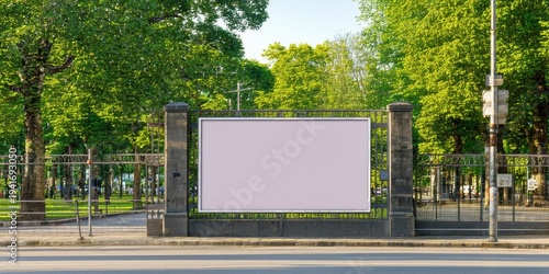 Wallpaper Mural Blank billboard stands near street, park visible. Sunny day, lush greenery surrounds structure. Minimalist design, potential advertising space. Torontodigital.ca