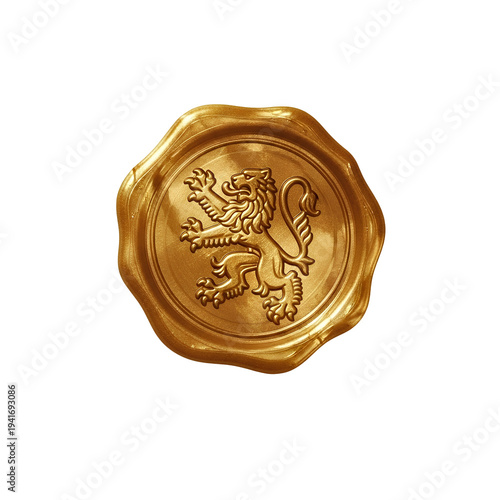 Golden wax seal with heraldic lion rampant PNG. Premium royal emblem, vintage medieval stamp and elegant certificate validation design element isolated