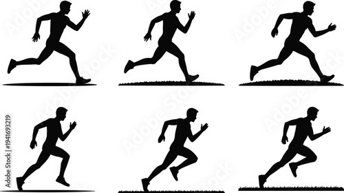 Running athlete silhouettes set with sprinting poses on ground and grass, sport fitness training and marathon running activity concept isolated on light background