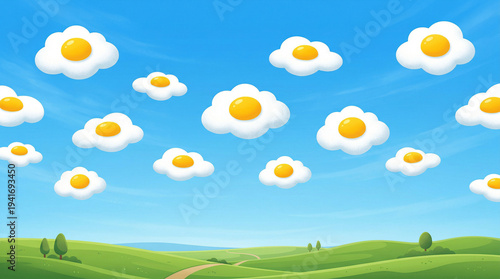 Green Hills Landscape with Fried Egg Shaped Clouds Illustration
