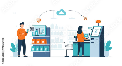 Digital Shopping Experience: Customers Use QR Code Scanning and Self-Checkout Kiosk in Modern Supermarket