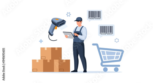 Logistics Worker Scanning Barcodes with Tablet for Inventory Management & E-commerce Fulfillment. Supply Chain, Warehouse & Retail Operations Illustration.