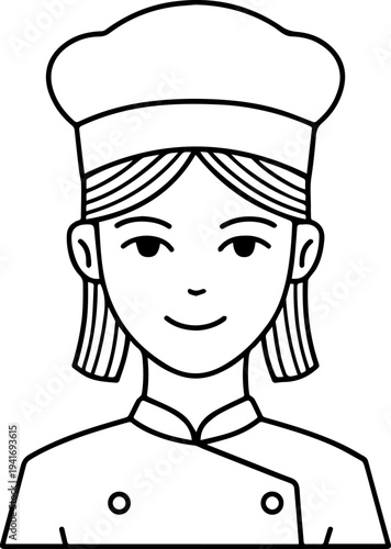 Hand Drawn Woman as Chef Black and White Avatar Illustration in Minimal Line Art Style Design