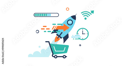 Rocket Launching from Shopping Cart: Fast E-commerce Delivery, Business Acceleration, and Speedy Progress Concept