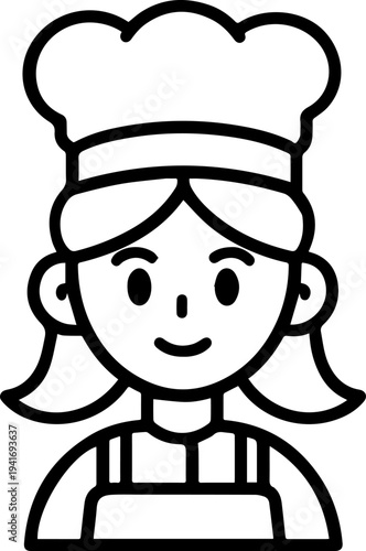Hand Drawn Woman as Chef Black and White Avatar Illustration in Minimal Line Art Style Design