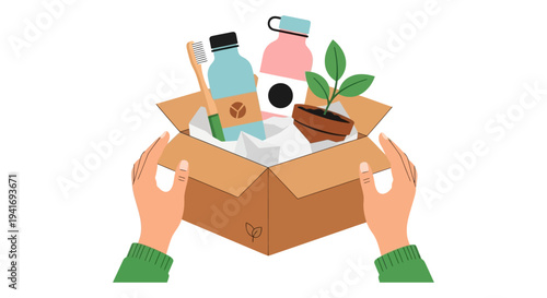 Eco-Friendly Subscription Box with Sustainable Products: Hands Holding Zero Waste Essentials, Reusable Bottles, Bamboo Toothbrush, and a Plant. Green Living.