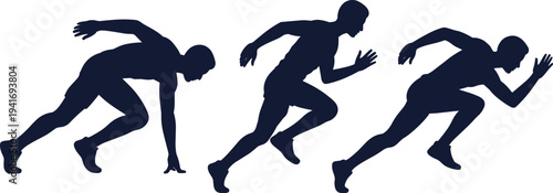 Sprinter running start sequence silhouettes, athlete sprint motion from crouch start to acceleration, track and field sport training concept isolated on light background