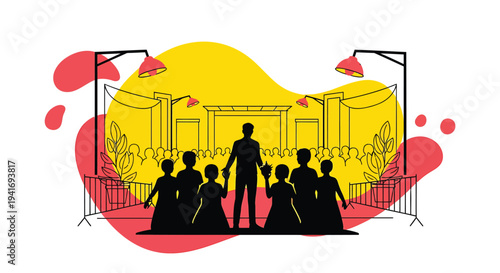 Vector illustration of a family on a red carpet with a yellow background