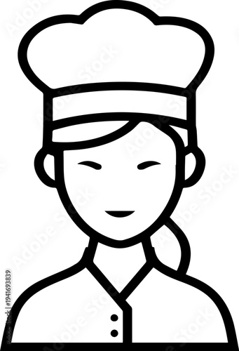 Hand Drawn Woman as Chef Black and White Avatar Illustration in Minimal Line Art Style Design