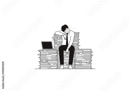 Overwhelmed Businessman Drowning in Paperwork with Laptop Isolated on White Background Stress from Workload and Deadline Pressure in a Minimalist