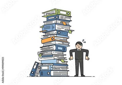 Overwhelmed Businessman with Huge Stack of Folders Represents Data Overload and Deadline Pressure in Modern Office Environment Cartoon Illustration
