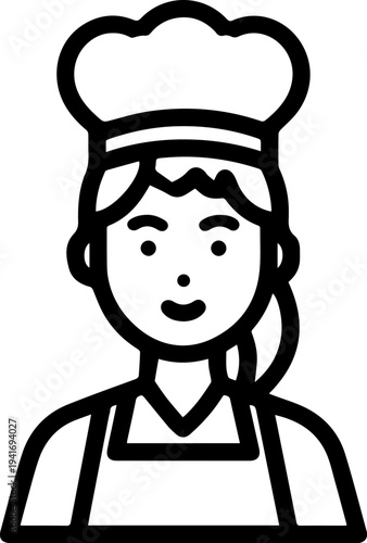 Hand Drawn Woman as Chef Black and White Avatar Illustration in Minimal Line Art Style Design