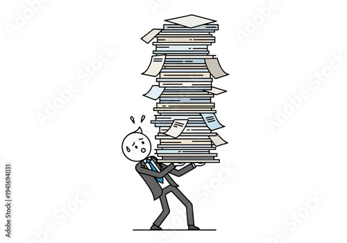 Overwhelmed Businessman Struggling with a Huge Stack of Documents Illustrating Workload and Stress Cartoon Style Concept For Digital Use
