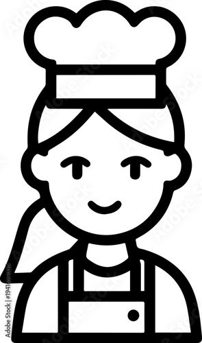 Hand Drawn Woman as Chef Black and White Avatar Illustration in Minimal Line Art Style Design