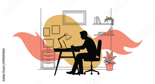 Vector illustration of a man working at a desk with office background elements