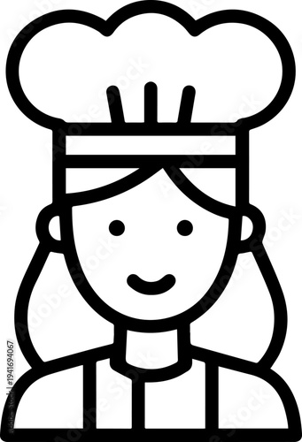 Hand Drawn Woman as Chef Black and White Avatar Illustration in Minimal Line Art Style Design